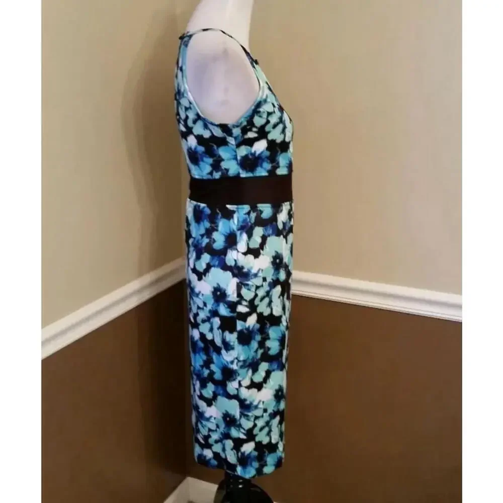 Blue Floral Halter Neckline Midi ModCloth Dress with Sheer Waist by Roxberi